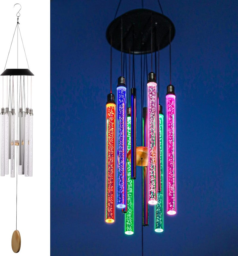 DesGully Solar Wind Chimes for Outside, 6 LED Tubes Color Changing Outdoor Clearance Unique Garden Decor Colorful Patio, Gifts for Her/Him (37" Long) - Image 1